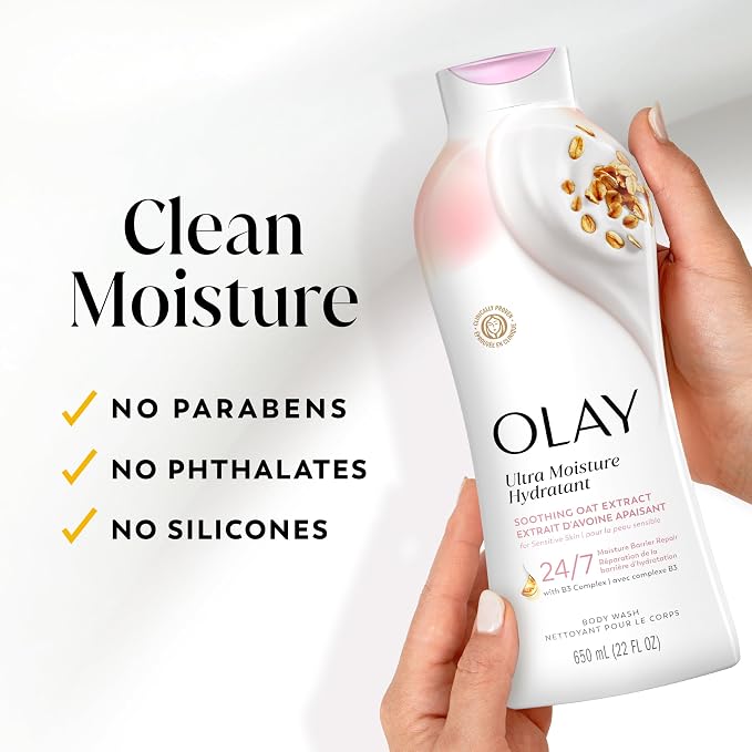 Olay Body Wash for Women, Ultra Moisture, For Sensitive Skin, Soothing Formula, 24hr Moisturizing, Hydrating & Refreshing, B3 Vitamin Complex, Free of Parabens & Phthalates, Oat Extract Scent,22 fl oz