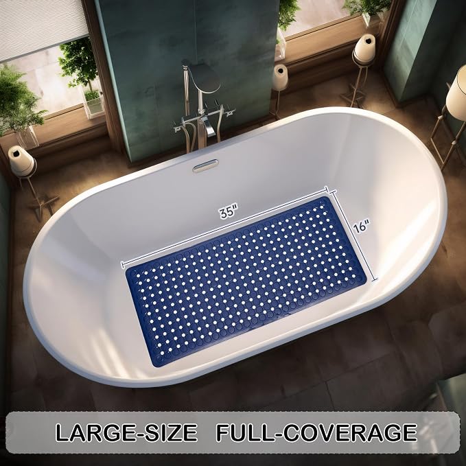 Non-Slip Bathtub and Shower Mats, Power Grip Bath Mat 35 x 16.3 Inch with Suction Cups and Drain Holes for Tub Bathroom Floor Safety, Machine Washable Soft Bathmat, Navy Blue