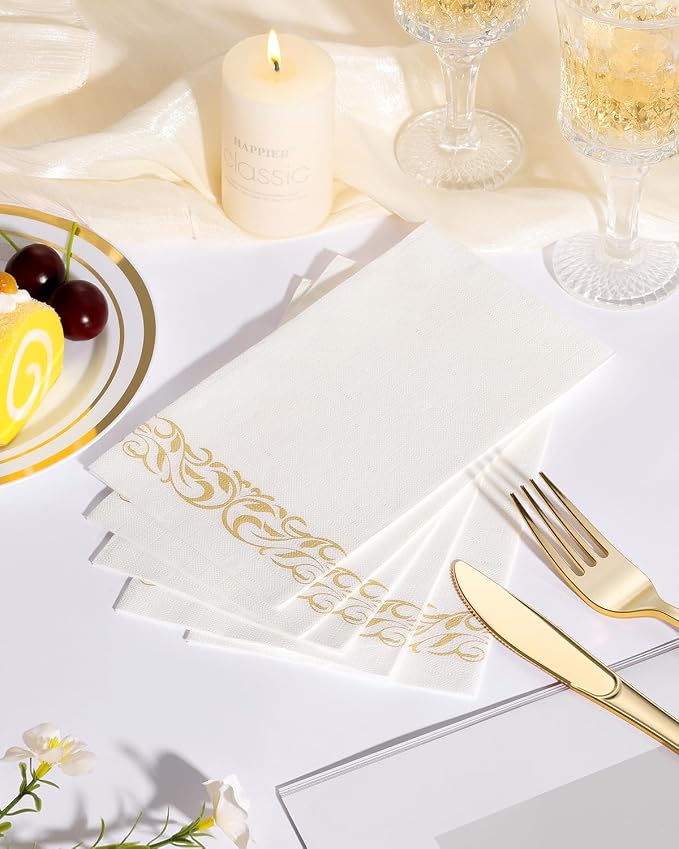 Goodluck 200 Pack 3-Ply Disposable Napkins - Soft & Absorbent Paper Hand Towels for Bathroom Guests, Dinner Party, Kitchen, Christmas, Wedding & Events, Parties - Floral Gold Trim