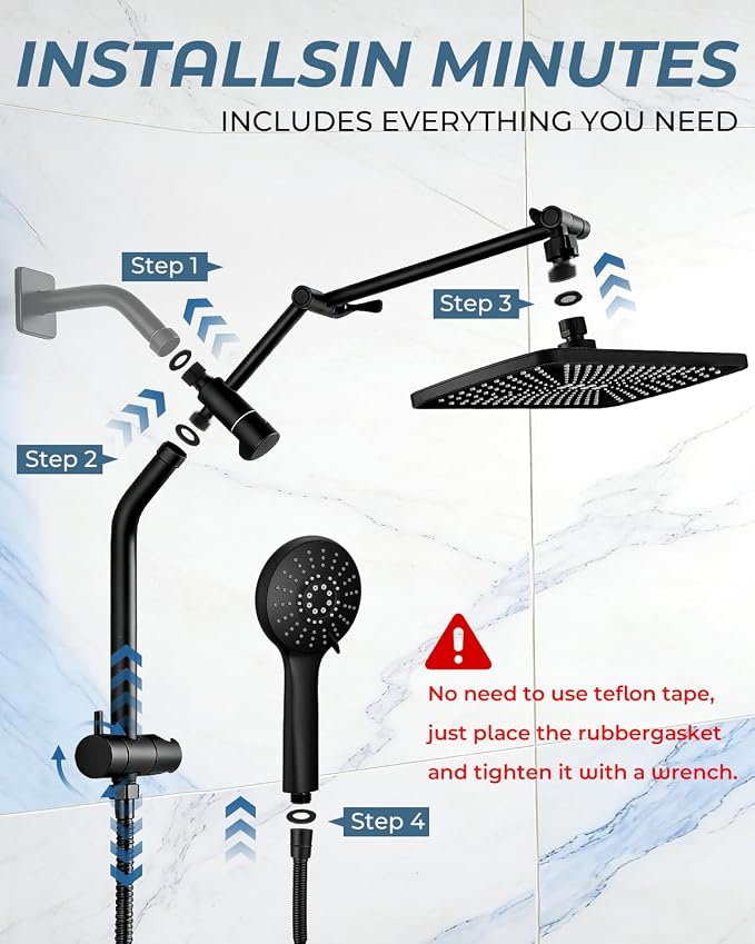 11.8" Rain Shower Head with Handheld, High Pressure Handheld Shower with Multi Spray Modes, Rainfall Combo with Metal Extension Arm, Detachable Dual Showerhead, Bathroom Decor, Matte Black