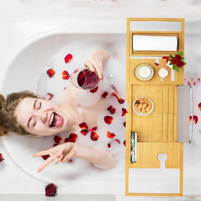 Banlilu Premium Natural Bamboo Expandable Bathtub Tray Caddy, Luxury Spa-Like Experience, Adjustable, Sturdy, Non-Slip, Foldable