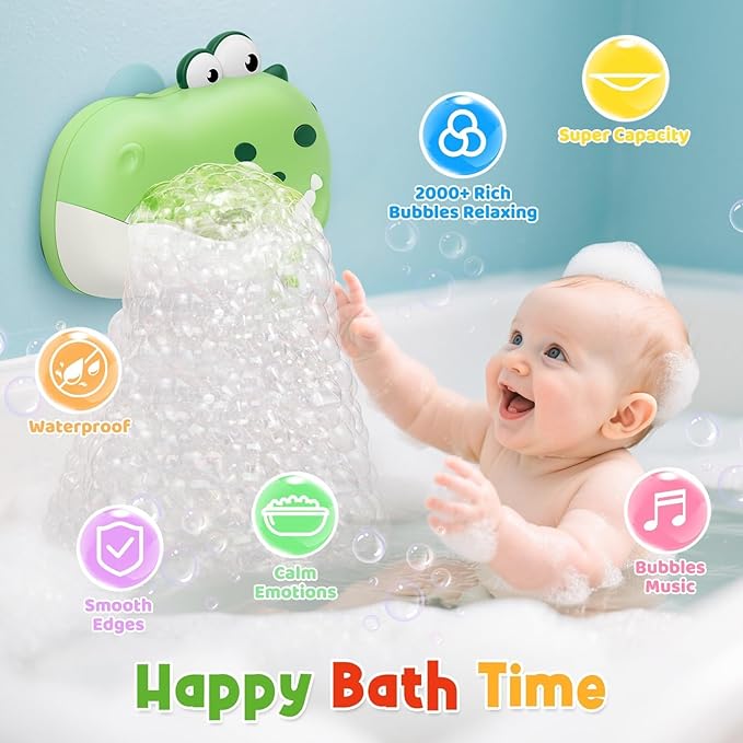 Baby Bath Toys, Rechargeable Dinosaur Bath Bubble Machine with Music, Bathtime Bathtub Toys for Toddlers Birthday Easter Gifts, Bubble Maker Toys for Kids Ages 1-3 4-8 Baby Gifts(Green)