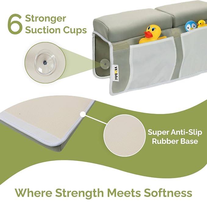 Wobbi Baby Bath Kneeler and Elbow Rest Pad Set - 1.5" Thick Memory Foam Knee Pad for Bathing Babies - 6 Suction Cups Non Slip Bath Kneeling pad with Toy Storage - Foldable & Quick Drying (Green)