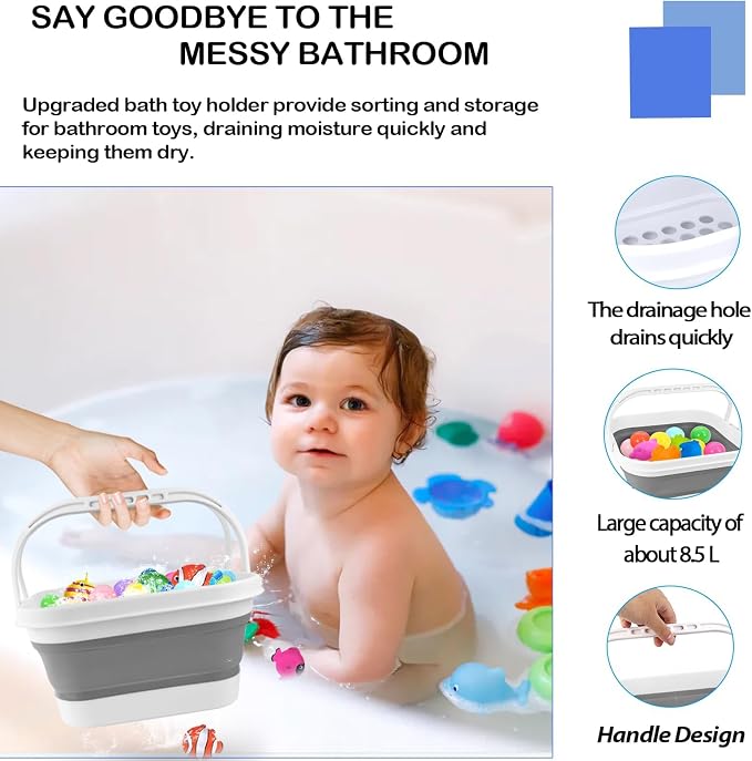 Bath Toy Storage Organizer - Foldable Bath Toy Holder for Bathtub, Bathtub Toy Storage with Removable Drying Base, Bathroom Toy Storage with 2 Hooks
