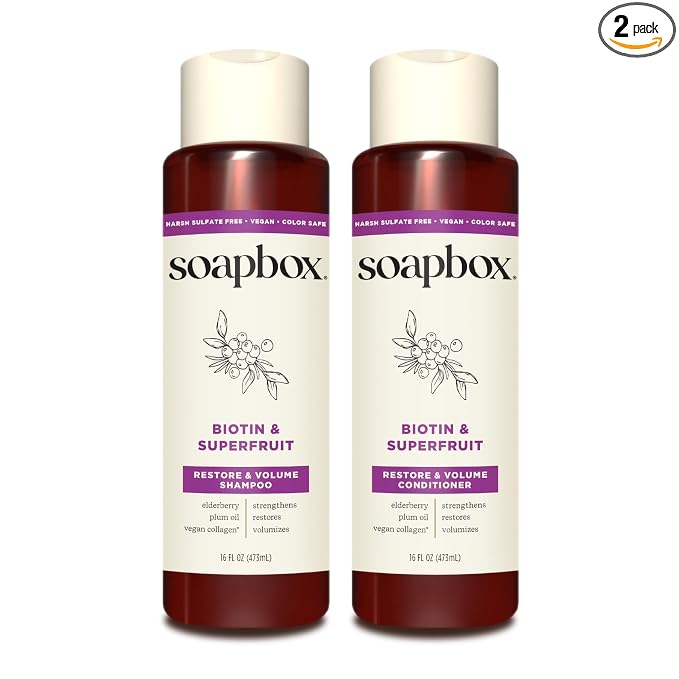 Soapbox Biotin & Super Fruit Shampoo & Conditioner Set, Leaves Hair Volumized & Strengthened - Clean Ingredients Free of Harsh Chemicals, Sulfates, Parabens & Silicones - 16 oz Each