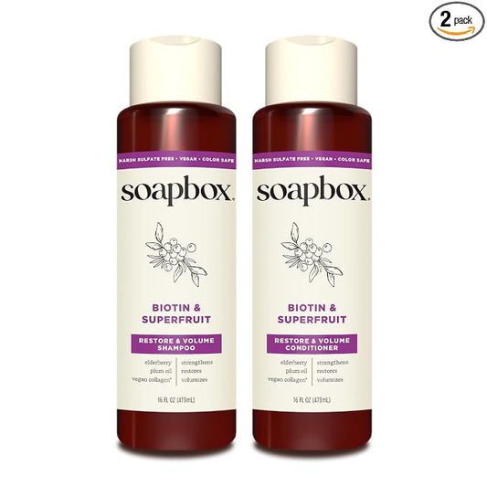 Soapbox Biotin & Super Fruit Shampoo & Conditioner Set, Leaves Hair Volumized & Strengthened - Clean Ingredients Free of Harsh Chemicals, Sulfates, Parabens & Silicones - 16 oz Each