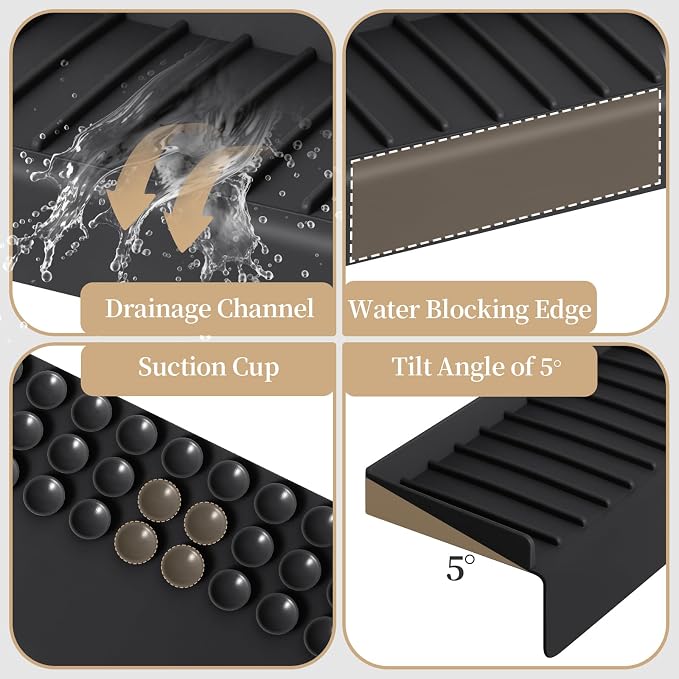 Sink Edge Protector with Suction Cup, 14" x 4", Silicone Sink Splash Guard for Kitchen & Bathroom, Protect Countertop from Scratches, Stains, for Stainless Steel Granite Quartz, Black
