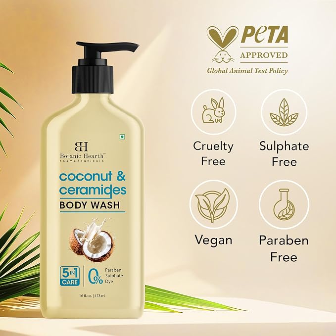 Botanic Hearth Coconut & Ceramides Body Wash – Hydrating Shower Gel for Soft, Smooth Skin, 5-in-1 Gentle Cleanser, Sulfate & Paraben Free – 16 fl oz