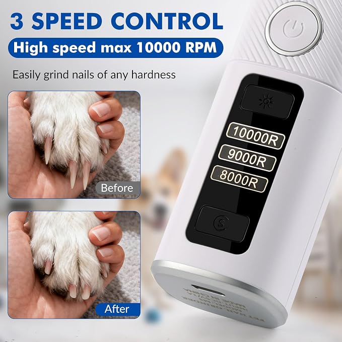 Wortade Silent Groom Pro Nail Grinder, 3-Speed Quiet Electric Dog Nail Grinder, Rechargeable Dog Nail Trimmers with 2 LED Lights for Small Large Dogs, Pet Nail Clippers with 2 Grinding Wheels