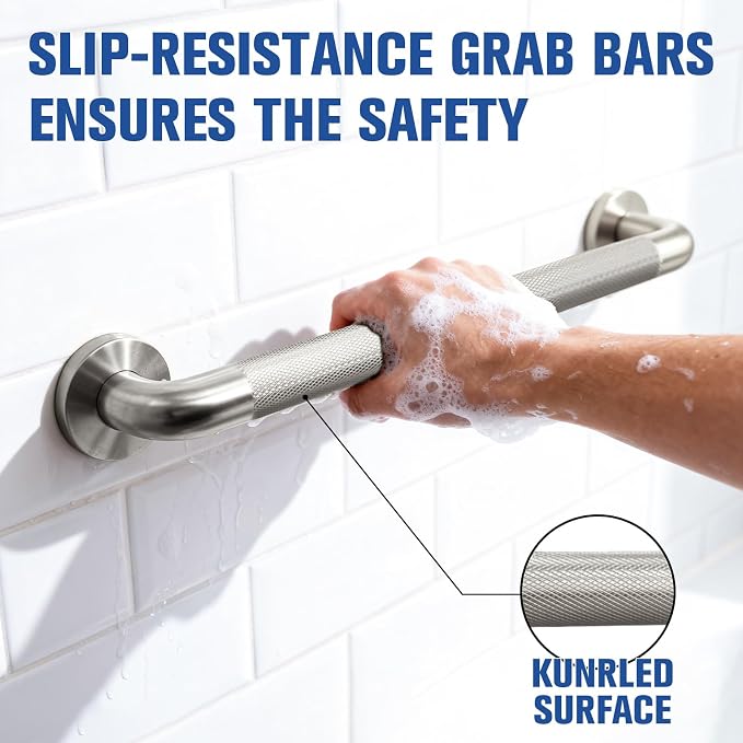 24 Inch Shower Grab Bars for Seniors with Non-Slip Kunrled Grip, 1.25'' Safety Stainless Steel Handicapped Grab Bars, ADA Compliance (Brushed Nickel