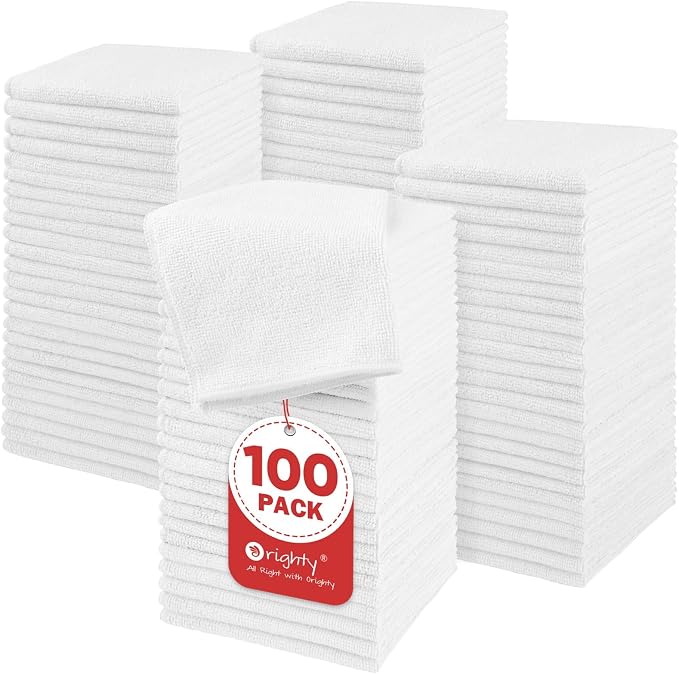 Orighty Washcloths Bulk, 100 Pack Highly Absorbent & Soft Feel Microfiber Face Towels, Multi-Purpose Wash Cloths & Hand Towels for Bathroom, Hotel, Spa, and Gym, 12x12 Inch, White