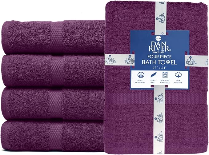DAN RIVER Large Bath Towels Set of 4, 27 x 54 Inches, 600 GSM Larger & Lighter Weight Towels for Bathroom - Highly Absorbent & Quick Dry 100% Cotton Bath Towel Set for Home, Spa, Hotel - PurplePassion