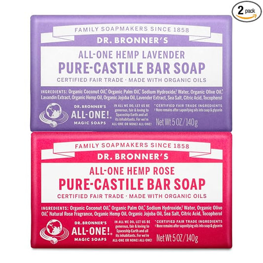 Dr. Bronner's - Pure-Castile Bar Soap (2-Pack Bundle, Rose & Lavender) - Made with Organic Oils, For Face, Body and Hair, Gentle and Moisturizing, Biodegradable, Vegan, Cruelty-free, Non-GMO