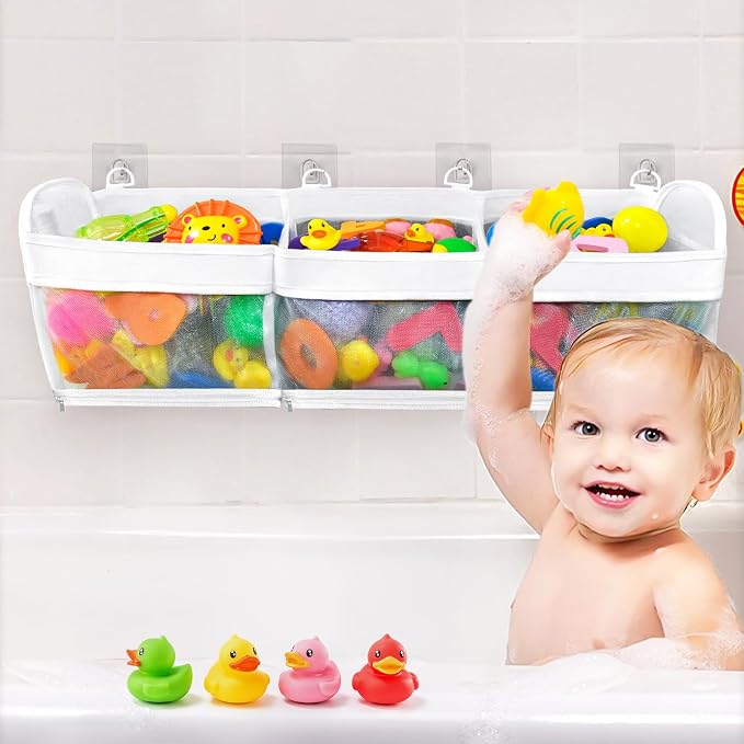 Bath Toy Storage and Organizer – 3-Compartment Hanging Bathtub Toy Holder with Bottom Zipper, Quick-Drying Mesh Bag, Ideal Bath Toy Holder for Easy Access and Sorting of Toys