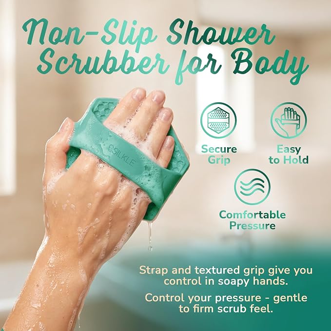 SILKLE Silicone Body Scrubber – Gentle Exfoliating Shower Scrubber for Body & Bath, Silicone Shower Brush & Loofah Alternative – Non-Slip Silicone Body Brush, Quick Dry, Hygienic - Green