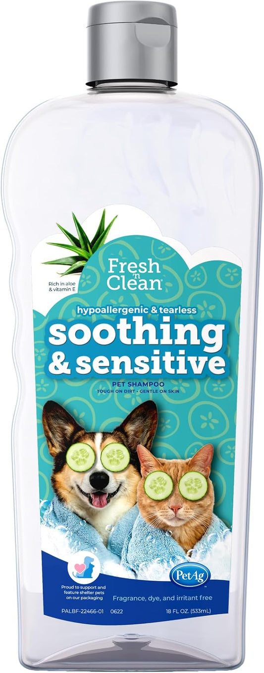 PetAg Fresh ’n Clean Soothing & Sensitive Pet Shampoo - 18 oz - Hypoallergenic & Tearless Pet Shampoo for Dogs, Cats & Small Animals with Aloe & Vitamin E - Fragrance Free