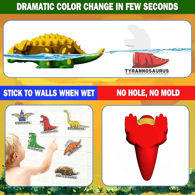 Color Changing No Hole Dinosaur Bath Toys for Kids Toddlers Baby, 9 Color Change Dinosaur Water Table Toys with 9 Floating Foam Dinosaur Toys for Kids(18 Packs)