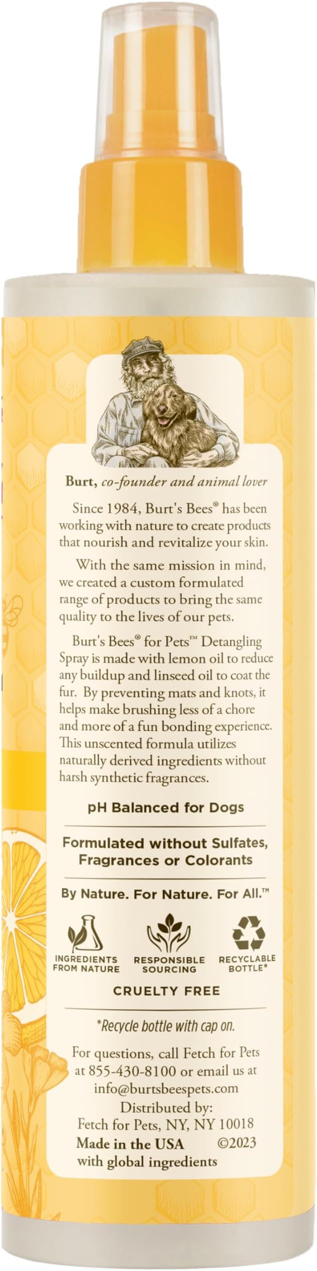 Burt's Bees for Pets Dog Detangling Spray, Natural Leave-In Coat Detangler & Dog Deodorizing Grooming Spray with Lemon, pH Balanced for Dogs, Paraben & Sulfate Free, 10 Fl Oz - 6 Pack