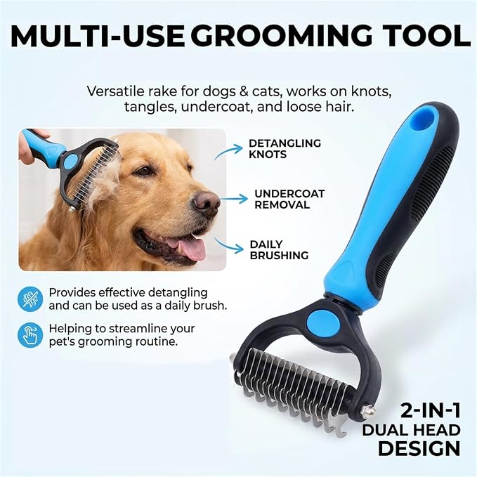 Licklo Pet Hair Remover, Pet Pro 2-in-1 Double-Sided Pet Grooming Tool, Rounded-Tooth Deshedding & Dematting Brush, Painlessly Remove Tangles, Knots & Loose Fur for Dogs & Cats