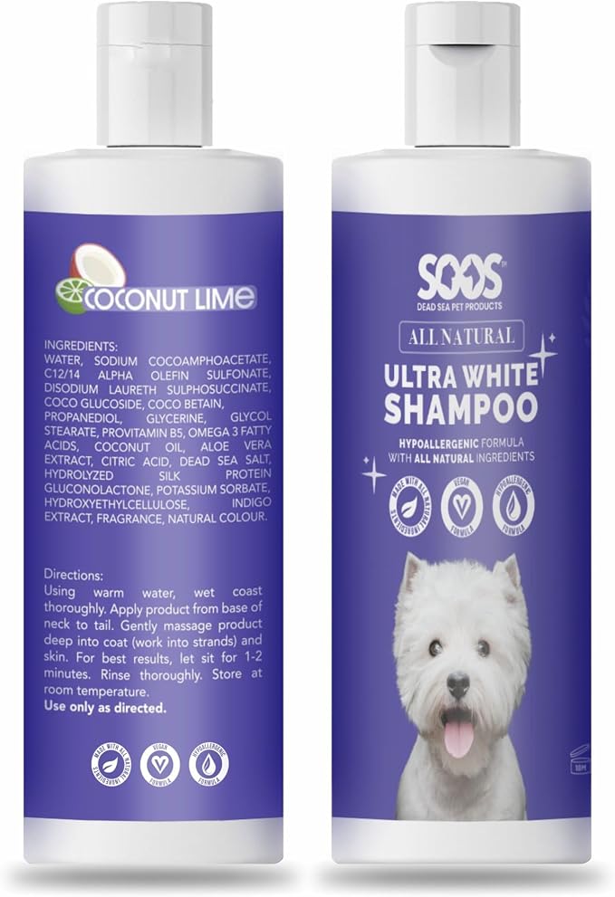 Soos Ultra White Hypoallergenic Shampoo for Dogs & Cats - Natural White Brightening Formula, Gentle & Moisturizing Pet Wash for Sensitive Skin - 500ml