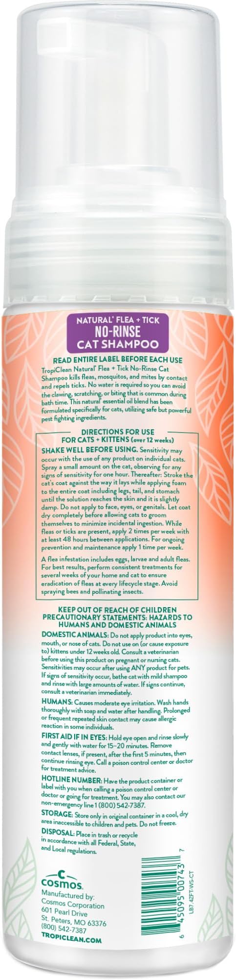 TropiClean Flea and Tick Waterless Shampoo Treatment for Cats, Powerful & Natural Defense, Flea and Tick Prevention for Cats, Made in USA, 7.4oz