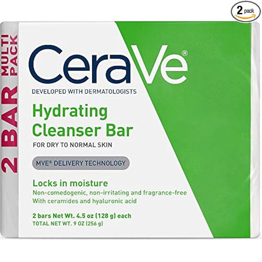 CeraVe Hydrating Cleanser Bar, Soap-Free Body and Facial Cleanser with 5% Moisturizing Cream, Fragrance-Free, 2-Pack, 4.5 Ounce Each