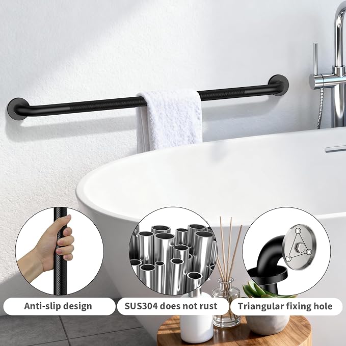2 Pack 42 Inch Anti Slip Shower Grab Bar Handles, ZUEXT Matte Black Stainless Steel Knurled Bathroom Balance Bar, Safety Hand Rail Support, Handicap Elderly Injury Senior Assist Bath Handle