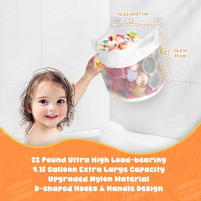 Bath Toy Storage, 4.15 Gallons Bath Toy Holder Wall-Mounted Shower Caddy Bottom Zipper Bathtub Toys Storage Mesh Organizer Bag, Quick Access Baby Shower Games Toys Organizer Accessory White (L)