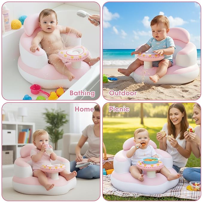 Inflatable Baby Seat for Babies 3-36 Months, Built-in Air Pump, Sit Me Up Chair with Tray and Back Support, Learning to Sit, Portable Baby Chair (Pink & White)
