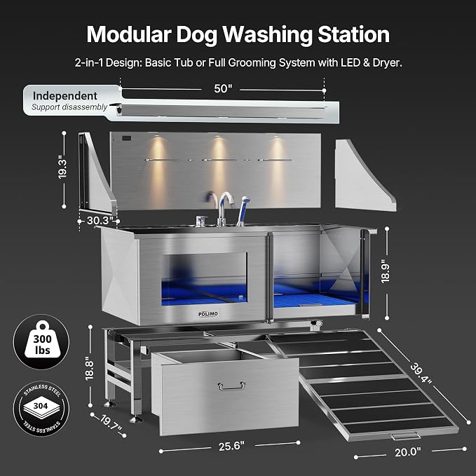 POLIMO Dog Washing Station with LED Display 50" (Right Ramp), 304 Stainless Steel Dog Bathtub for Large Medium Small Dogs, Professional Grooming Tub with Faucet, Storage Drawer, Floor Grate, Window