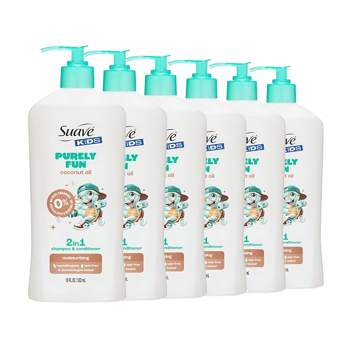 Suave Kids Purely Fun 2 in 1 Shampoo and Conditioner with Coconut Oil, Tear-Free, Hypoallergenic, Gentle Hair Care for Sensitive Scalps, Kids Shampoo & Conditioner, 6 Count, 18 fl oz