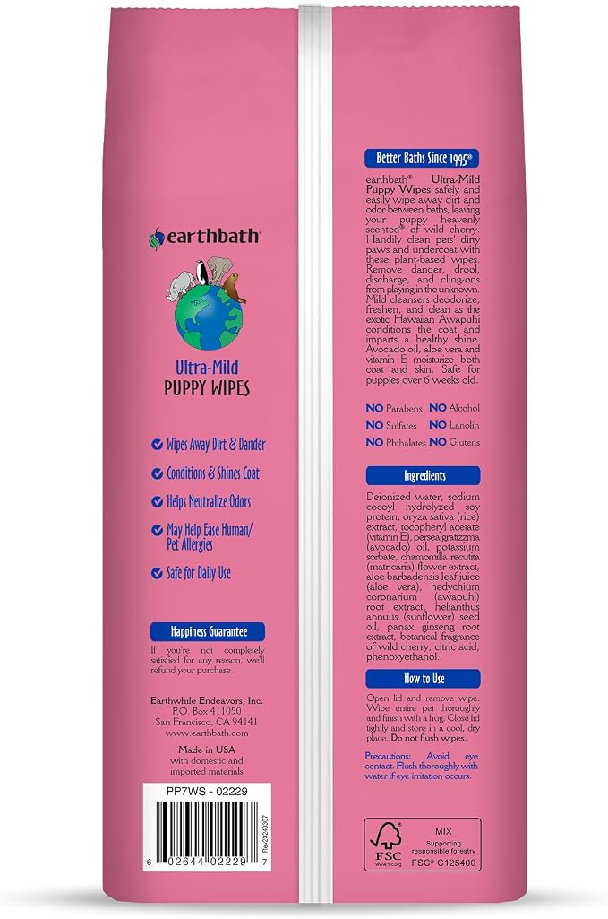 earthbath, Ultra-Mild Wild Cherry Puppy Wipes - Dog Wipes for Paws and Butt, Best Pet Wipes for Dogs & Puppies, Made in USA, Cruelty-Free Dog Cleaning Wipes - 100 Count (2 Pack)