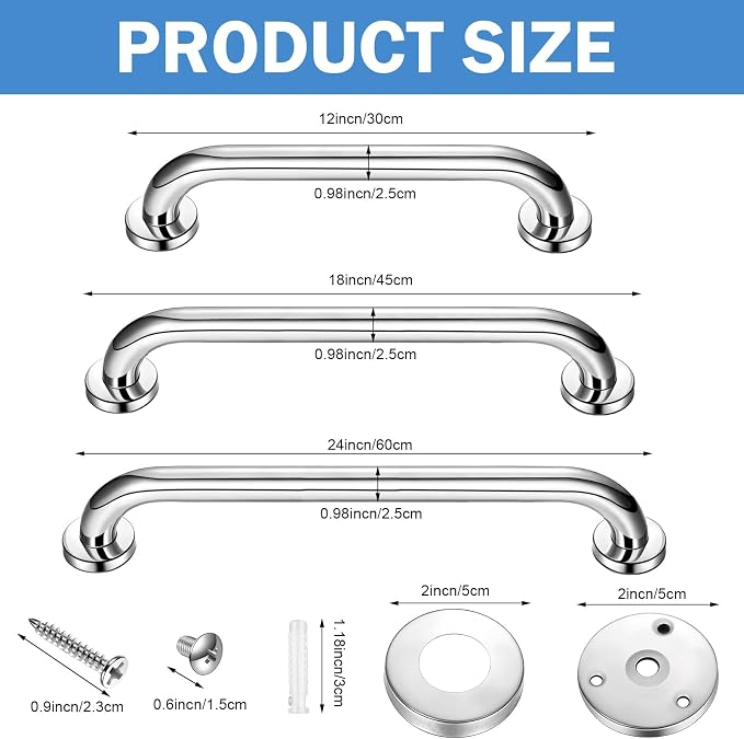 Therwen 6 Pack 12/18/24 Inch Shower Grab Bars Stainless Steel Bathroom Handicap Heavy Duty Handle Anti Slip Bathtub Handle Support Balance Hand Rail for Bathroom Wall Elderly Pregnant Seniors (Silver)