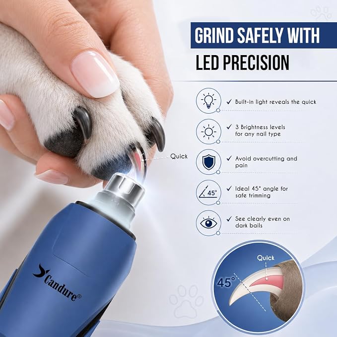 Candure Whisper Quiet Dog Nail Grinder with 360 Degree LED Light, 6-Speed Rechargeable Pet Nail Trimmers with Extra Grinding Head for Safe, Stress-Free Grooming for All Pet Sizes