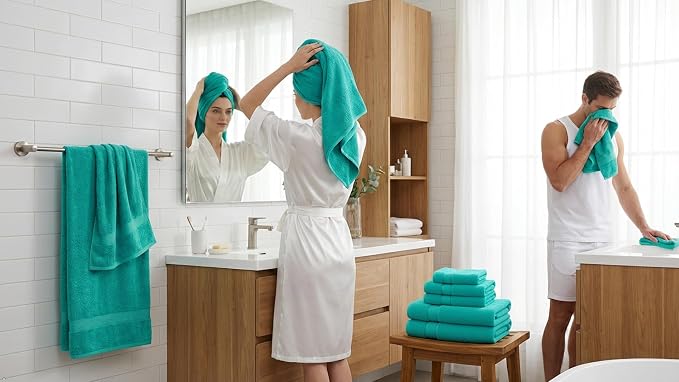 Luxury 6-Piece Bath Towel Set - 100% Cotton, Quick Dry, Absorbent, Plush, Soft - Home, Hotel, Shower Towels - Teal / Sea Green / Aqua