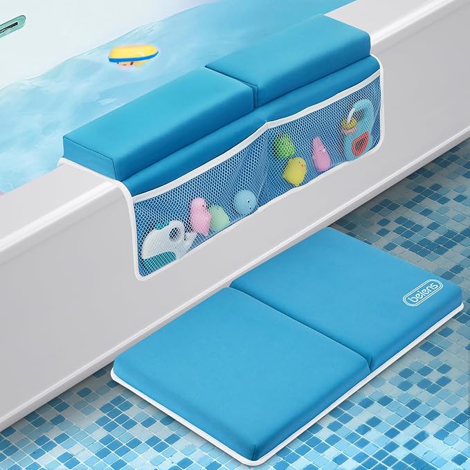beiens Bath Kneeler and Elbow Rest Pad Set, 1.5'' Thick Quickly Dry Kneeling Pad and Elbow Support, Support Large Baby Bathtub Bath Mat Kneeling Pad with Toy Organizer for Baby Bathing Time (Blue)