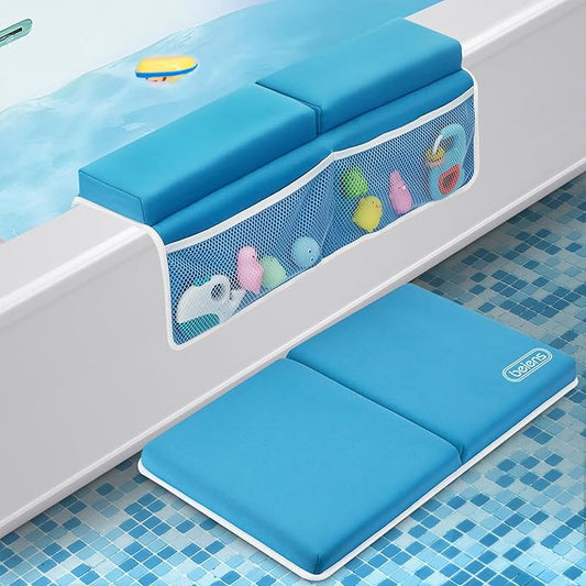beiens Bath Kneeler and Elbow Rest Pad Set, 1.5'' Thick Quickly Dry Kneeling Pad and Elbow Support, Support Large Baby Bathtub Bath Mat Kneeling Pad with Toy Organizer for Baby Bathing Time (Blue)