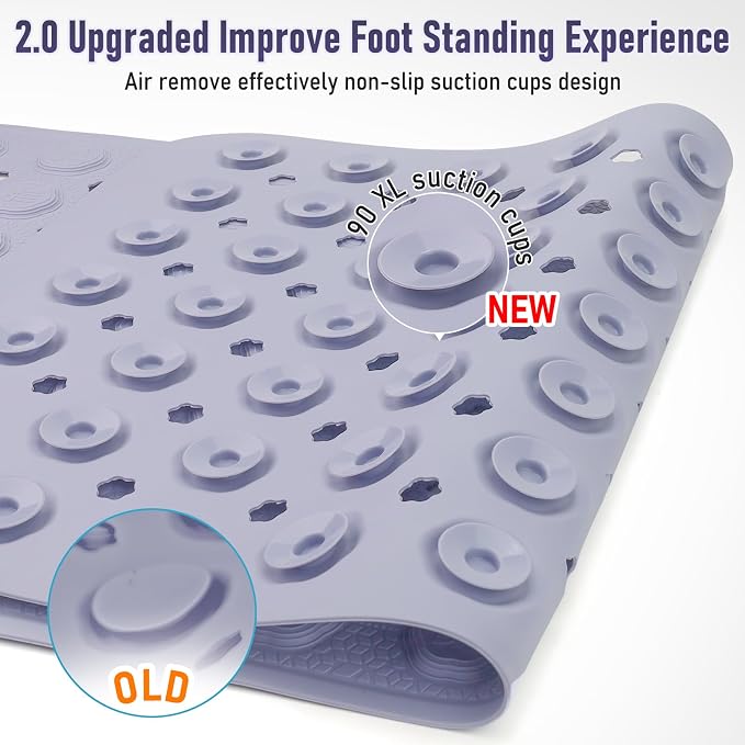 Bath Mat for Tub Non Slip 35*16 In, Silicone Anti Slip Shower Mat Bathtub Acupressure Relief for Kids Elderly Machine Washable with Antislip Textured Safety Strong Suction Cups & Drain Holes Easy Dry