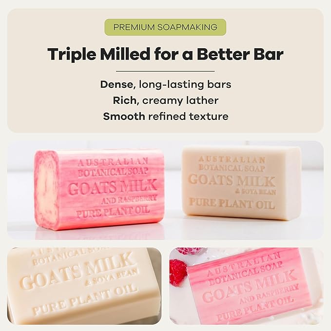 Australian Botanical Soap, Classic Goat Milk and Goat's Milk with Raspberry, 6.6 OZ, Triple Milled Bars made with Enriched with Organic Shea Butter, Pack of 8
