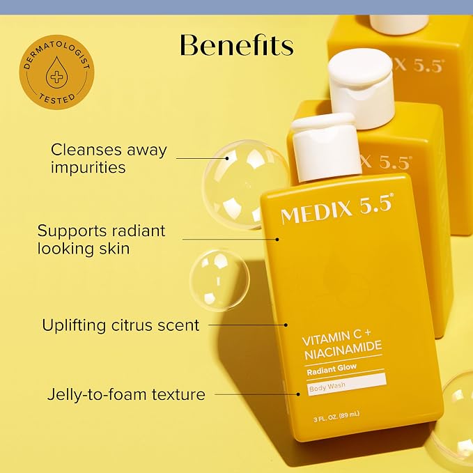 MEDIX Radiant Glow Vitamin C Body Wash W/Niacinamide | Citrus Scented Gentle Body & Face Cleanser For Women, Men, Dry Skin, & Smoother-Looking Skin | Removes Dirt, Oil, & Impurities, 3PC Travel Size
