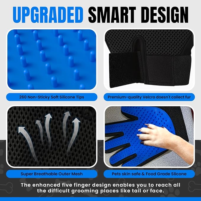[Upgraded] Grooming Gloves for Dogs & Cats – Premium Deshedding & Massage Mitt with 260 Silicone Tips – Gentle Hair Remover Glove for Long, Short & Curly Fur – Left & Right Hand – 1 Pair (Blue)