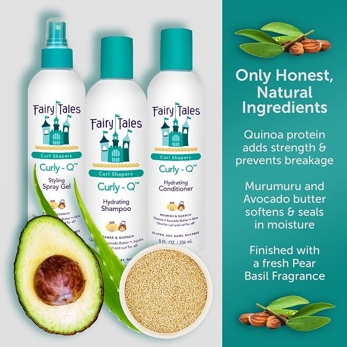 Fairy Tales Curly Q Hydrating Kids Shampoo 12oz and Conditioner 8oz - Paraben, Sulfate, Gluten, and Nut Free - For All Curl Types Including Multi Cultural Hair (4 Pack)