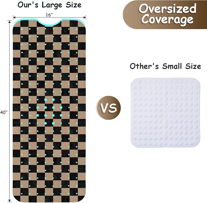 Bathtub Mat Non Slip, Checkered Extra Long Bath tub Mat Shower Floor Mat with Suction Cups and Drain Holes for Adults Kids Elderly 40 X 16 Inch