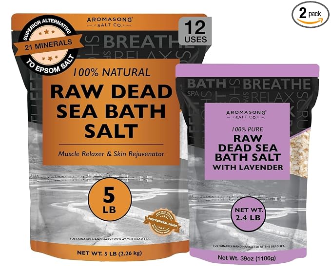 Aromasong RAW Natural Dead Sea Salt (5 LB.) with RAW Dead Sea Salt Infused with Natural Lavender Essential Oil (2.43 lb.) - Bath Soak for Women & Men with Tired Muscles & Skin Issues.