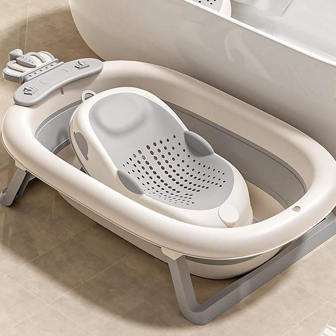 Baby Bath Support, Non Slip Infant Bathtub Seat with Soft Spine Support and Foldable Feet, Gray