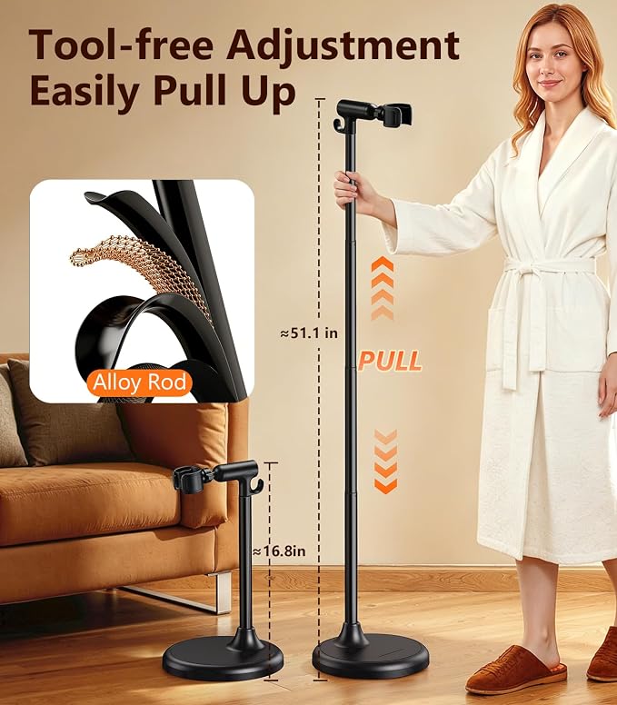 Hair Dryer Stand Hands Free, 360° Rotation Black | Anti-Slip Stable Base, Aluminum Alloy, Adjustable Height 17-51 Inch, For Families & Pet Grooming & Salon