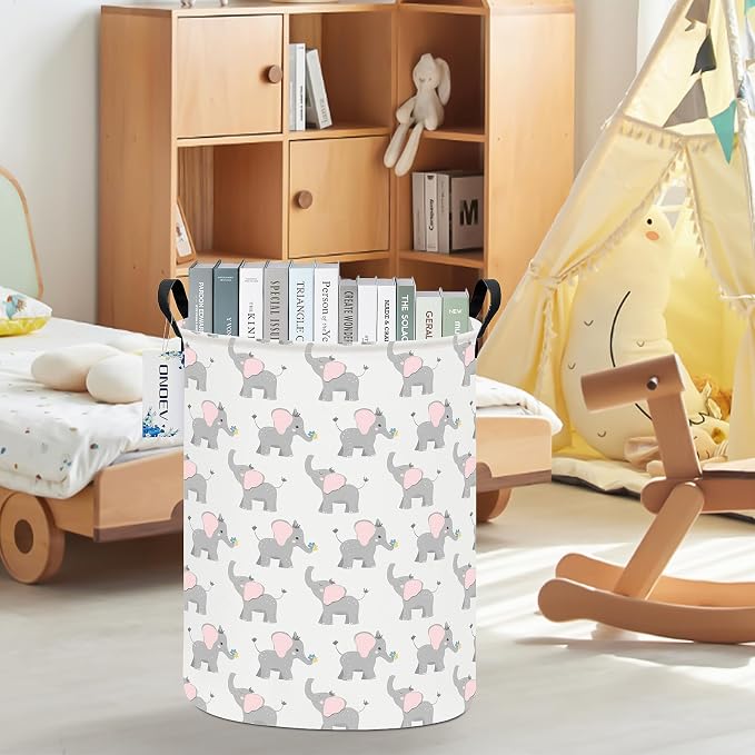 Round Elephant calf Laundry Hamper, Household Storage Bin | waterproof foldable canvas bin with sturdy grip handles, large capacity, tidy organizer for bath linens and kids garments