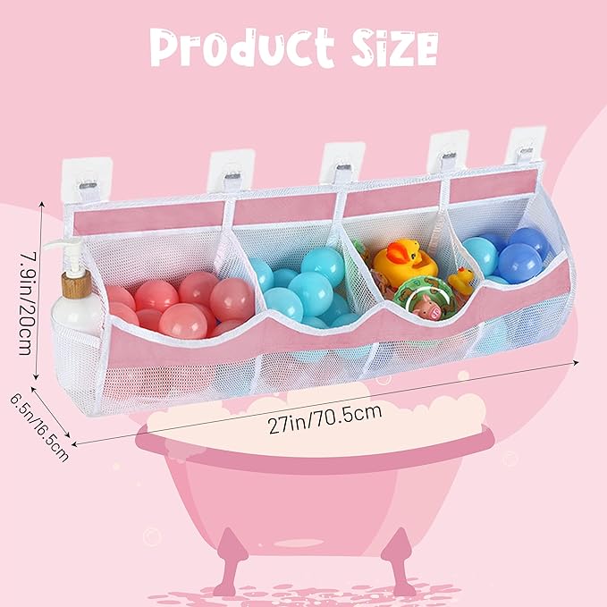 Large Bath Toy Storage, 4 Compartment Quick Drying Mesh Bath Toy Organizer with 5 Hooks, Easy Access and Sorting Large Capacity Corner Bathroom Storage, Multi Use Holder (Pink)