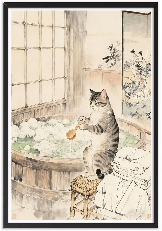 Whimsical Japanese Style Cat Hot Spring Bath Art Posters - Aesthetic Wall Prints for Home & Apartment Decor 16X24 in Wrapped Framed