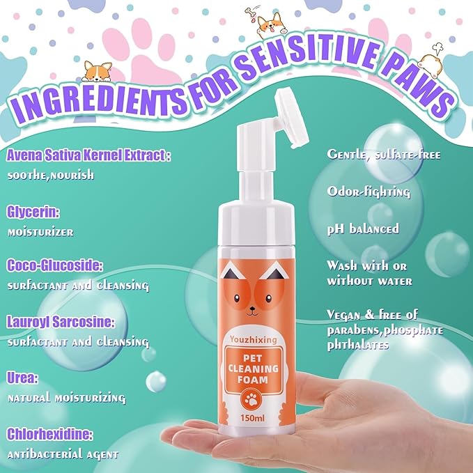 Paw Cleaner for Dogs & Cats - Waterless Foaming Pet Foot Washer with Built-in Soft Silicone Scrubber - No-Rinse Deep Cleansing & Moisturizing, pH-Balanced, Fresh Scent - for Dirty Muddy Paws, 5 fl oz